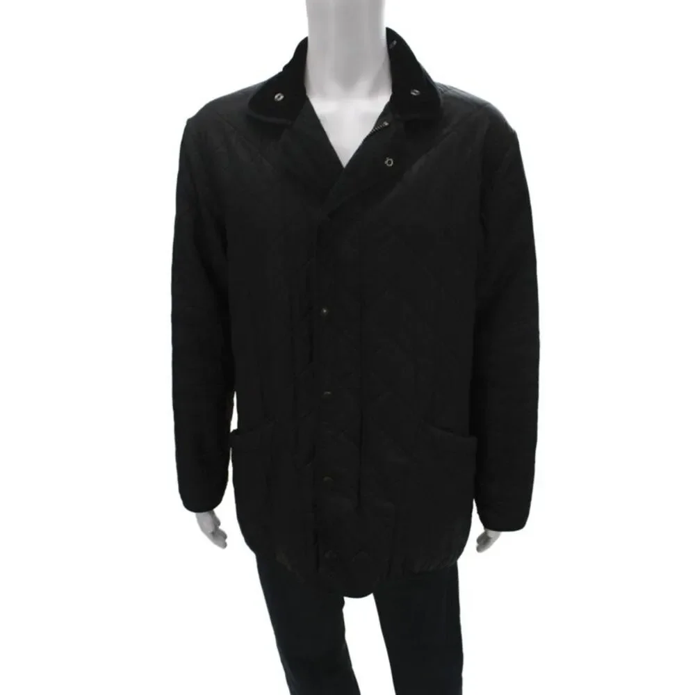 Barbour Mens Quilted Jacket Black Argyle Collared Cotton Button Size M
